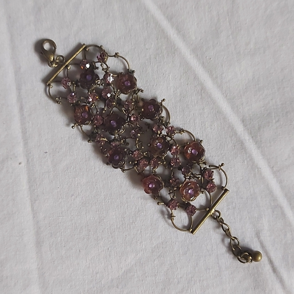 Vintage Purple Stone Flower and Rhinestone Filigree Chain Bracelet - Picture 7 of 7